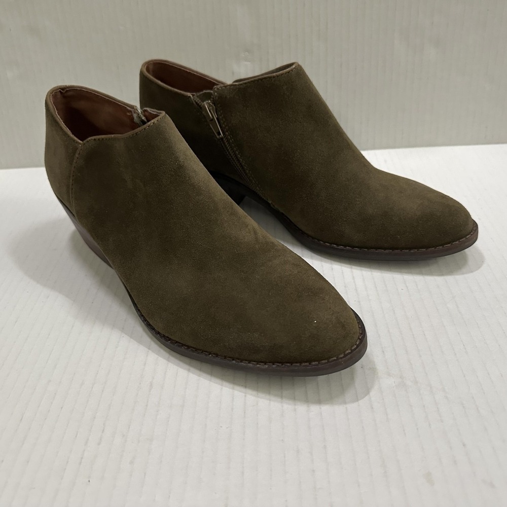 Lucky Brand Suede Bootie Boots Womens 9 Green Ankle Zip Low Block Heel